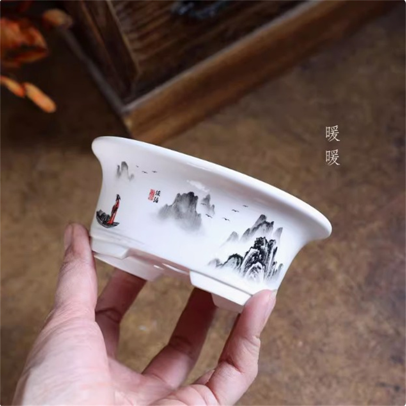 Bonsai Garden For Desk - 磁器白楕円形盆栽ポット、ミニポット、ラウンド、小さな花瓶、寮の植栽、デスクテーブル、庭の装飾