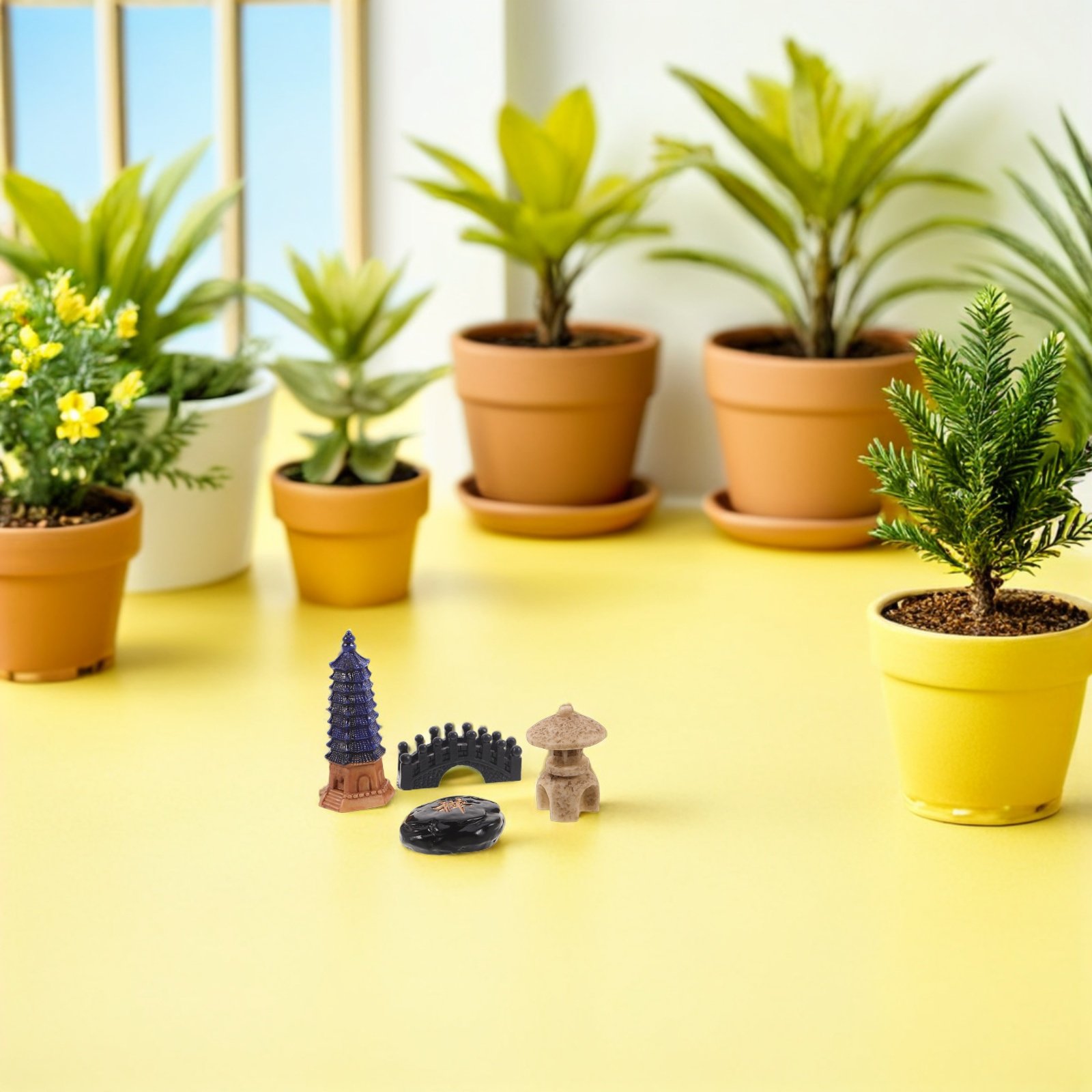 Bonsai Garden For Desk - 4個セット ミニ日本塔像セット 樹脂製禅庭飾り テーブルトップ 本棚 オフィスデスク